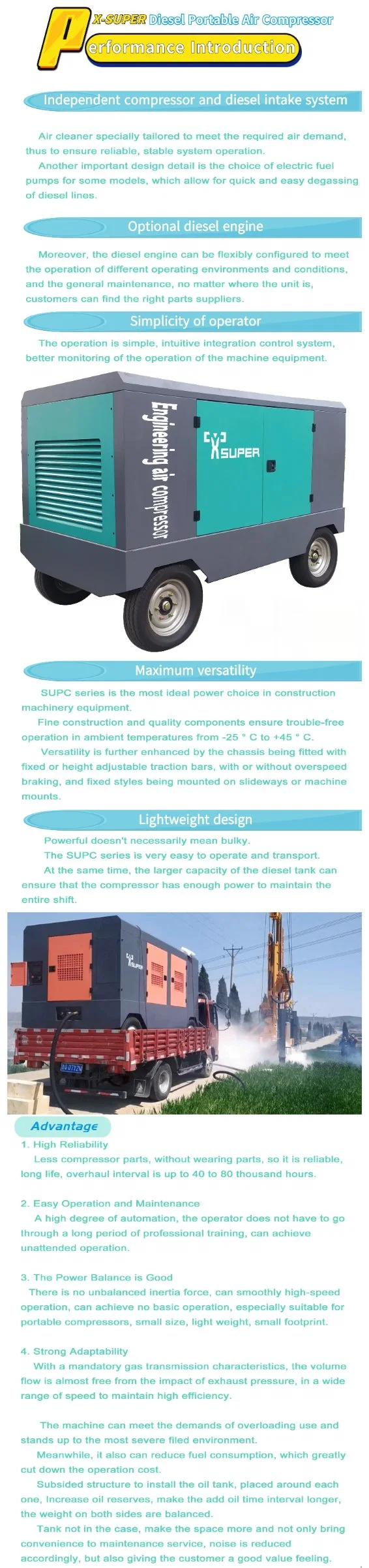 China Well Drilling Diesel Engine Driven Portable Movable Screw Air Compressor for Drilling 650-1800 Cfm 250 ~522 Psig