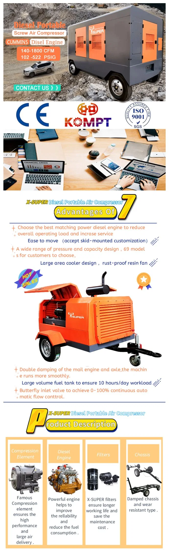 China Well Drilling Diesel Engine Driven Portable Movable Screw Air Compressor for Drilling 650-1800 Cfm 250 ~522 Psig